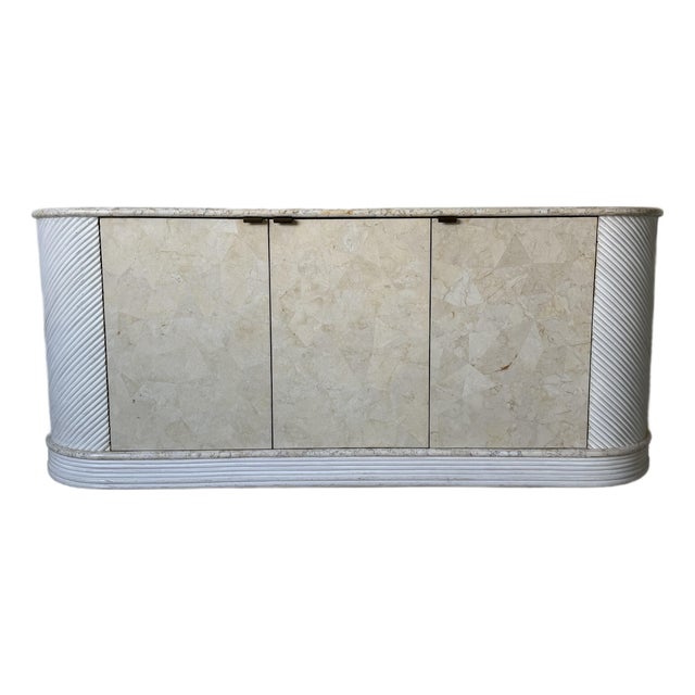 1980’s Postmodern Chic Rattan and Stone Oval Credenza For Sale