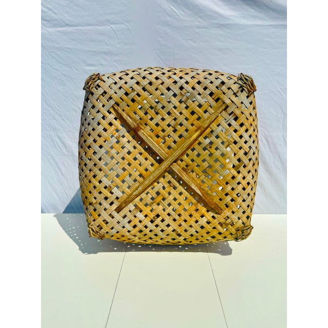 Wood Large Antique Hand-Woven Split Bamboo Gathering Basket – 21” Wide For Sale - Image 7 of 12