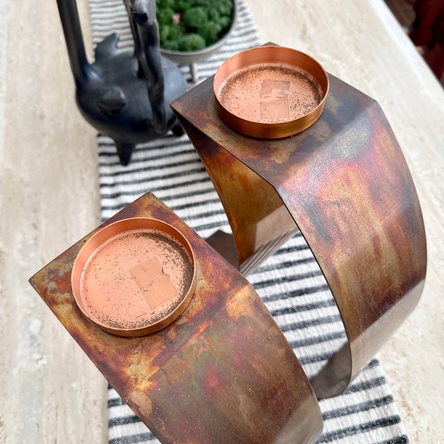 Metal Brutalist Signed Sanders Vintage Copper Candleholder Set Modern MCM For Sale - Image 7 of 12