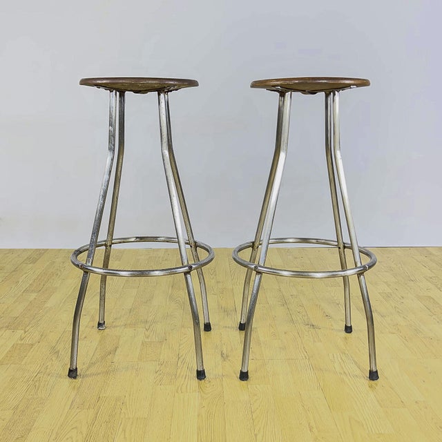 Industrial Stools in Tubular Steel and Plywood Seat, 1960s, Set of 2 For Sale - Image 9 of 9