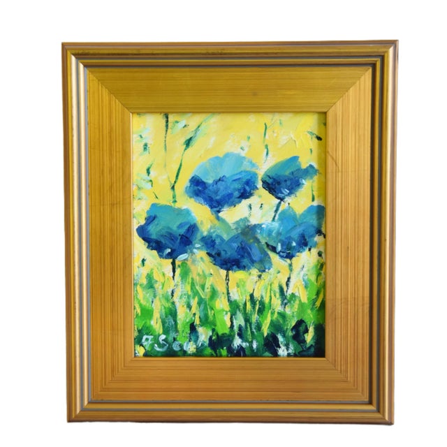 Impressionist Blue Poppies Floral Flowers Oil Painting W/ Antiqued Gold Wood Frame For Sale In Los Angeles - Image 6 of 7