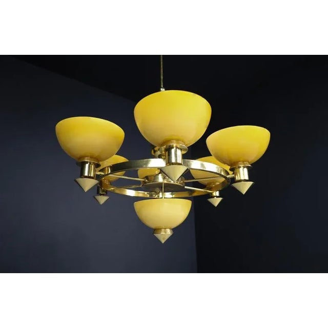 Sculptural Italian Chandelier in Brass & Amber-Gold Opaline Glass, 1970s For Sale - Image 3 of 11
