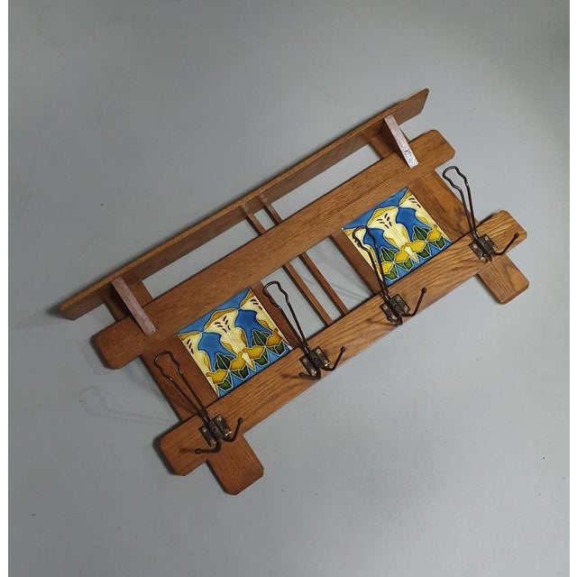 Art Nouveau wall coat rack with Tiles made in Gemany 72 x 40 x 12 cmTiles 15 x 15 Beautiful condition Original antique Art...