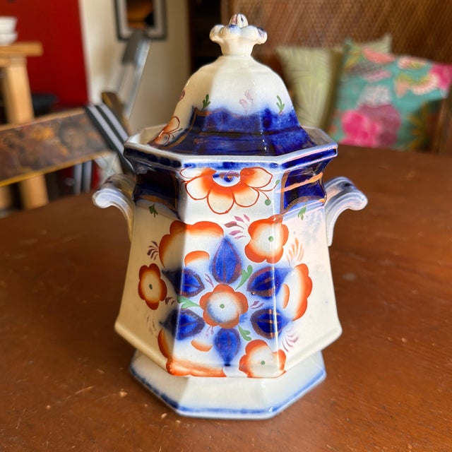 Antique Gaudy Welsh Crescent Pinwheel Flow Blue Covered Sugar Bowl, Circa 1840s For Sale - Image 6 of 12