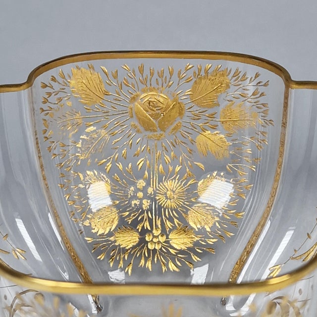Antique Quatrefoil Gilded Glass Bowl Austrian Bohemian Cut Enamel Watteau Style For Sale - Image 10 of 17