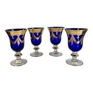 Vintage Horchow 24Kt Gold Cobalt Blue Crystal Wine/Water Glass Goblets - Set of 4 For Sale