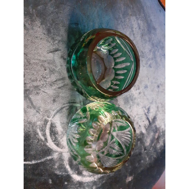 Boho Chic 1980s Bohemia Czech Pair of Emerald Green Cut to Clear Votive Holders - a Pair For Sale - Image 3 of 8