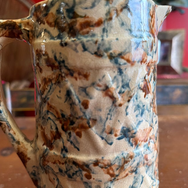 Farmhouse Antique Farmhouse Yellowware Blue and Brown Sponge Decorated Pitcher, Circa 1870's For Sale - Image 3 of 12