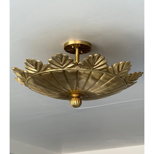 Pure Brass Flush Mount Ceiling Light | Brushed Brass 4-Light Fixture For Sale - Image 4 of 11