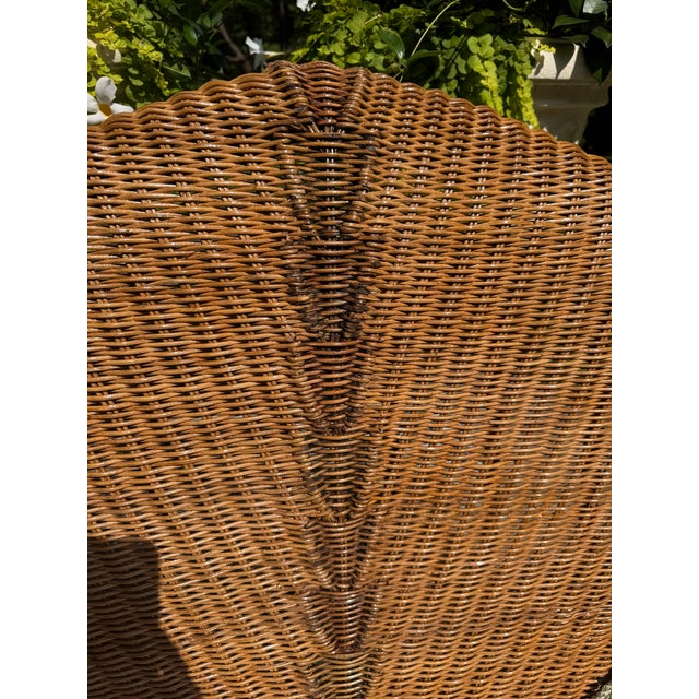 Rare Vintage Professionally Restored Wicker Rattan Cathedral Back Settee W Ottoman Brand New Upholstered Cushion and Accent Pillow Designer Fabrics For Sale - Image 9 of 10