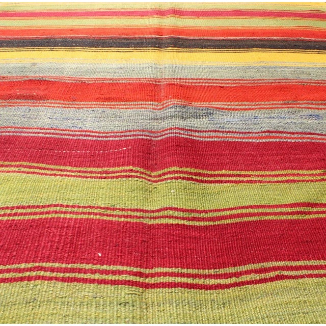 Textile Colorful Vintage Turkish Kilim Rug With Subtle Tribal Shapes and Stripes Design For Sale - Image 7 of 13