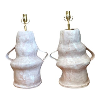 Vintage Biomorphic Slab Built Ceramic Lamps - A Pair For Sale