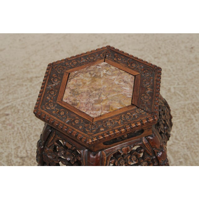 1920s Chinese Antique Hexagonal Carved Plant Stand With Inlaid Marble Top For Sale - Image 5 of 13