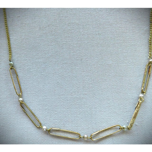 Metal Antique Etched 9k Gold Lingerie Pin Necklace With Pearls For Sale - Image 7 of 12