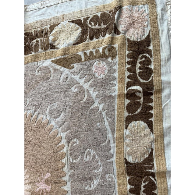 Tan Tribal Suzani Tablecloth From Bukhara 4'7'' X 4'10'' For Sale - Image 8 of 11