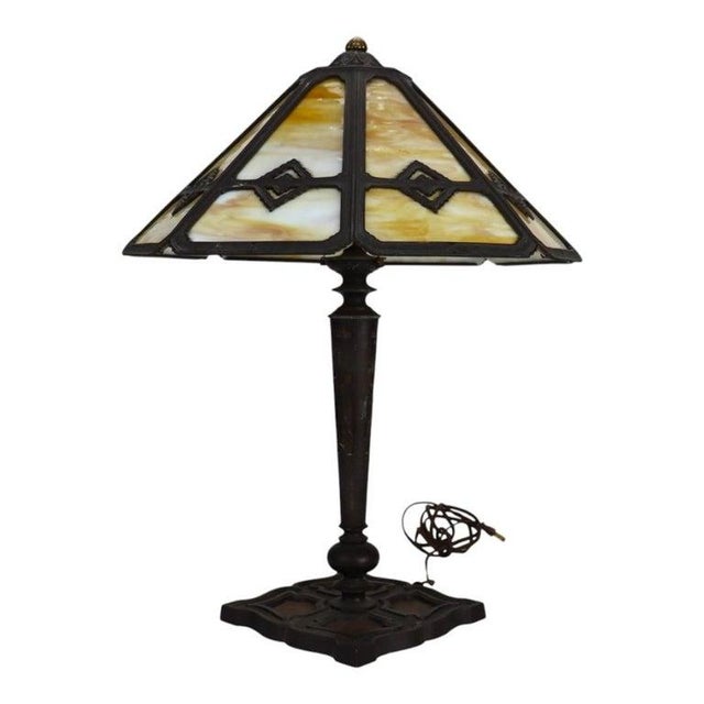 Bronze Antique Bradley & Hubbard Arts & Crafts 8-Panel Slag Glass Table Lamp C1920 For Sale - Image 8 of 12