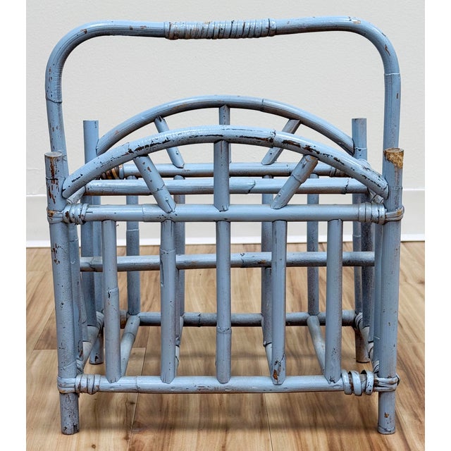 Vintage Periwinkle Blue Rattan Magazine Rack For Sale - Image 4 of 12