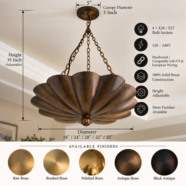 Art Nouveau Art Nouveau Petal Pendant Light, Antique Brass Finish Solid Brass Flower Shade, 4 Light Hanging Fixture For Sale - Image 3 of 12