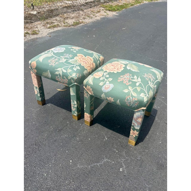Pair of Vintage Mid-Century Parsons Stools in Palm Beach Regency Fabric For Sale - Image 4 of 8