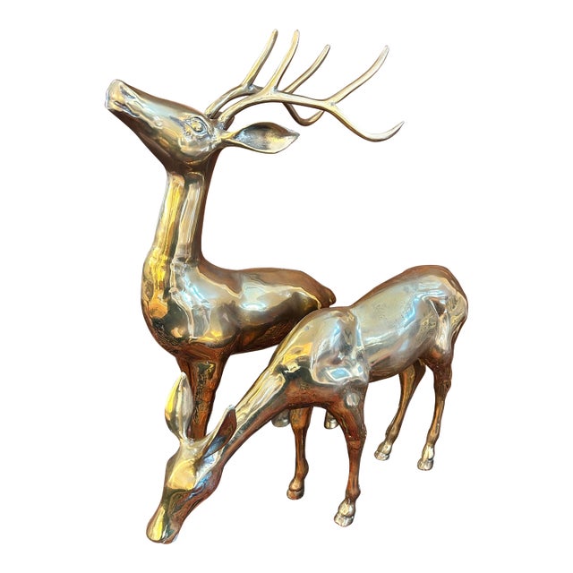 Mid 20th Century Large Polished Brass Deer Statues - A Pair For Sale