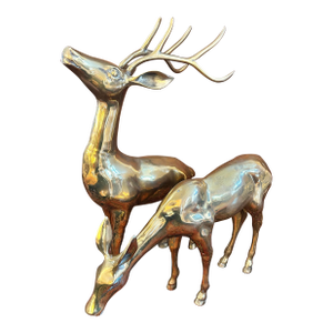 Mid 20th Century Large Polished Brass Deer Statues - A Pair