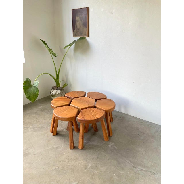 Flower Coffee Table Set with Elm Tripod Stools, 1950s, Set of 7 For Sale - Image 8 of 18