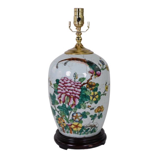 Chinese Antique Porcelain Famille Rose Jar Table Lamp With Bird, Floral Leave. For Sale