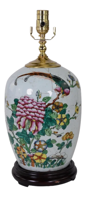 Chinese Antique Porcelain Famille Rose Jar Table Lamp With Bird, Floral Leave.