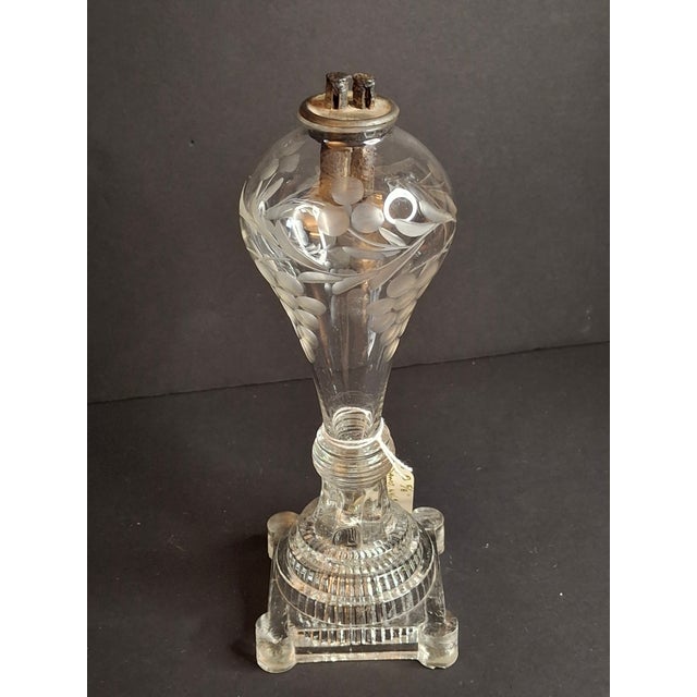 American Rare Antique Boston & Sandwich Engraved Glass Whale Oil Lamp "Patent" Cork Burner c.1835 For Sale - Image 3 of 18