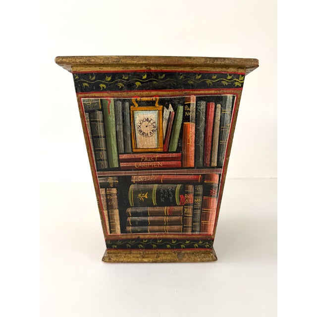 Whimsical trompe l'oeil painted wood container from the 1950s. Styled after Fornasetti, this fabulous piece features hand...