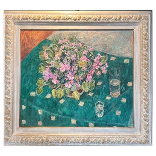 Maya Kopitzeva, Violets on a Green Tablecloth, Oil For Sale