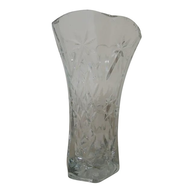 Glass Vase in Clear Cut American Brilliant Stars Embossed Design Tulip Shape For Sale