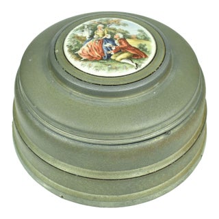 Mid 20th Century Victorian Large Round Musical Metal Box With Glass Insert For Sale