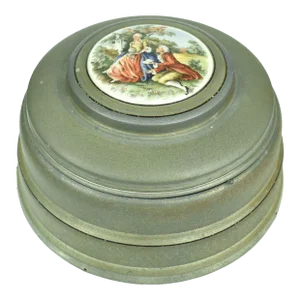 Mid 20th Century Victorian Large Round Musical Metal Box With Glass Insert