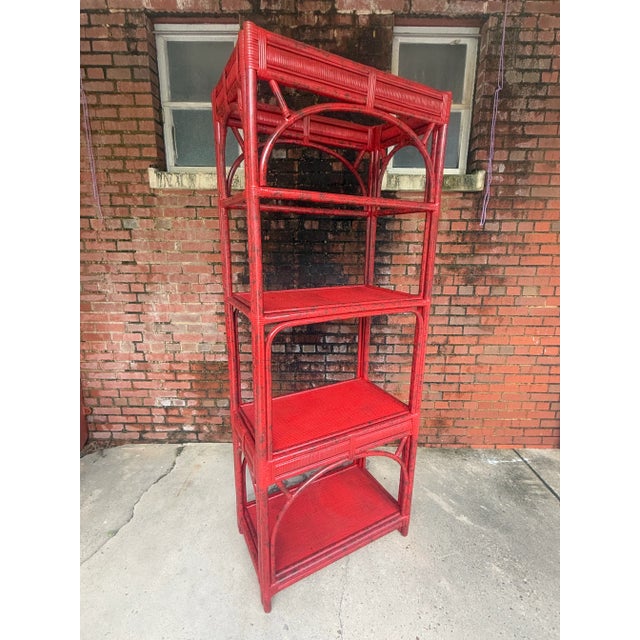 Vintage Rattan Etagere Bookcase in Vermillion Red Faux Tortoise Shell Finish - Newly Painted For Sale - Image 12 of 12