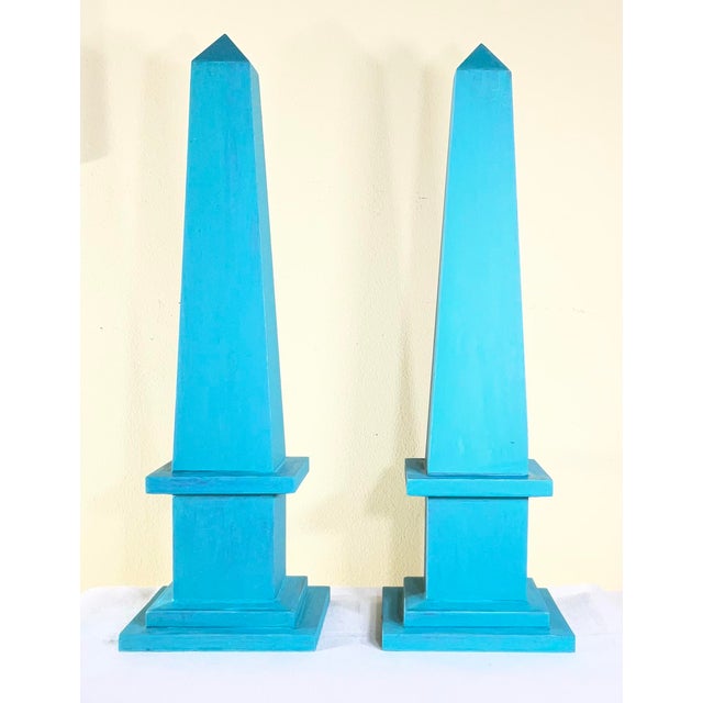 Contemporary Pair of Hand-Painted Solid Wood Decorative Obelisks – Vibrant Turquoise Color For Sale - Image 3 of 15