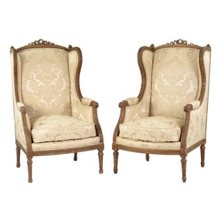19th Century Restored Pair of Antique Louis XVI Giltwood Bergere Wingback Armchairs For Sale
