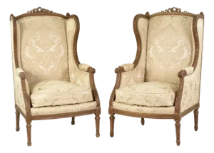 19th Century Restored Pair of Antique Louis XVI Giltwood Bergere Wingback Armchairs