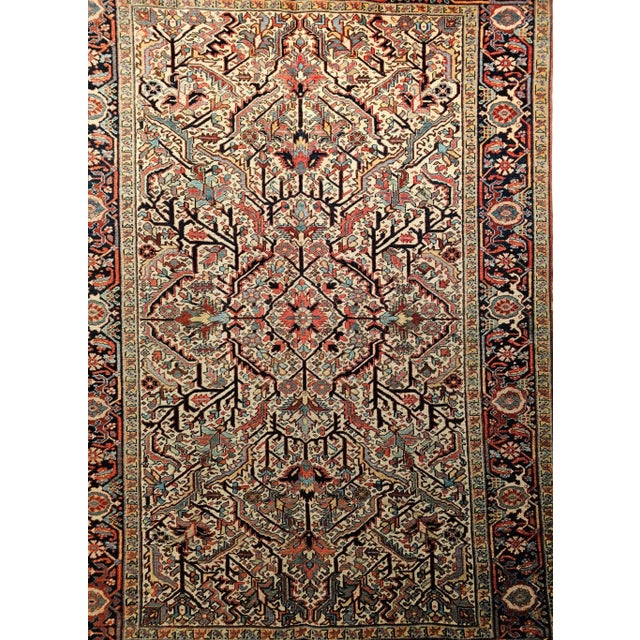 Vintage Persian Heriz Rug, Handwoven Allover Geometric Pattern, Ivory & Red, 7’ X 10’ For Sale - Image 4 of 11