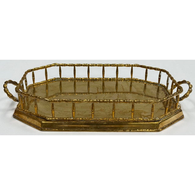 Mid-Century Modern Vintage Brass Faux Bamboo Rail Gallery Tray For Sale - Image 3 of 10
