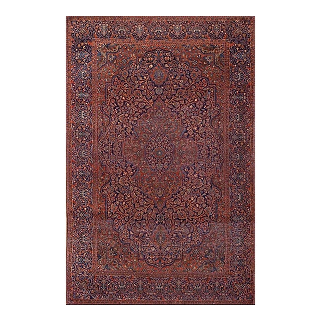 1930s Blue Navy Medallion Antique Persian Kashan Rug 6'6" X 4'6" Handknotted Wool Carpet For Sale