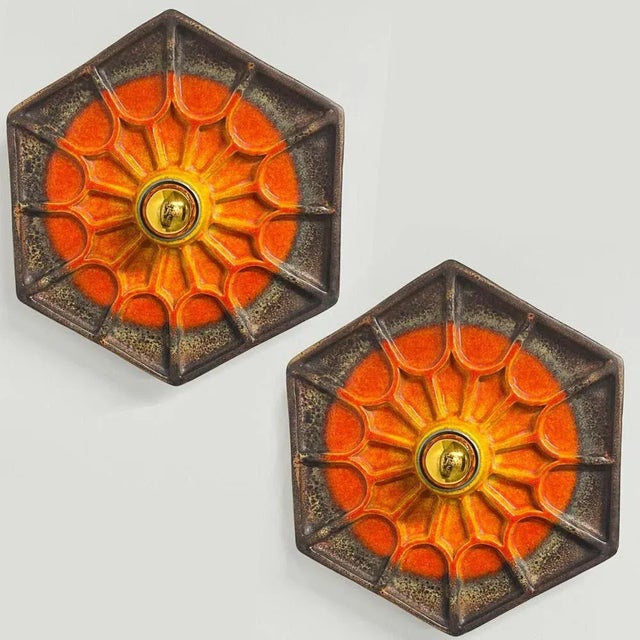 German Orange Hex-Shaped Ceramic Wall Lights, 1970, Set of 2 For Sale - Image 9 of 10