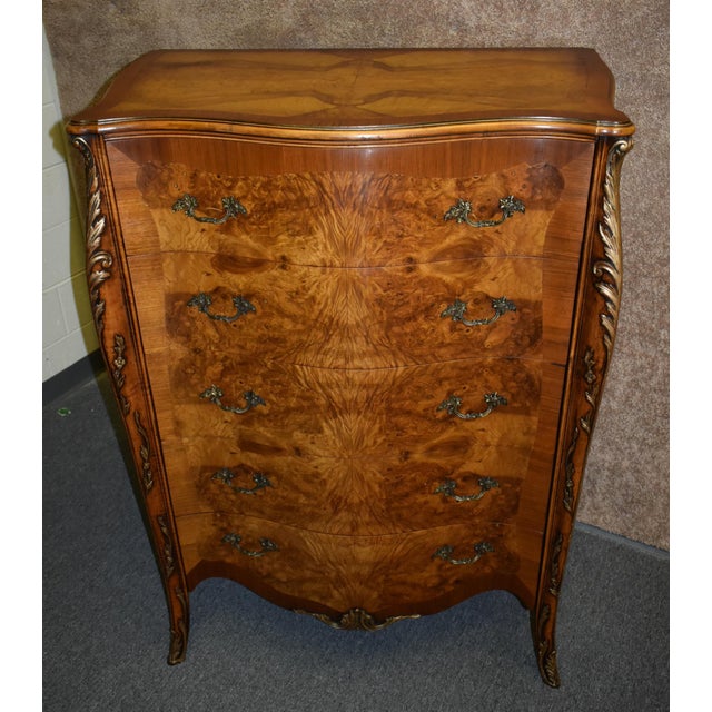 Antique Carved & Inlaid Satinwood Five Drawer French Style Tall Chest