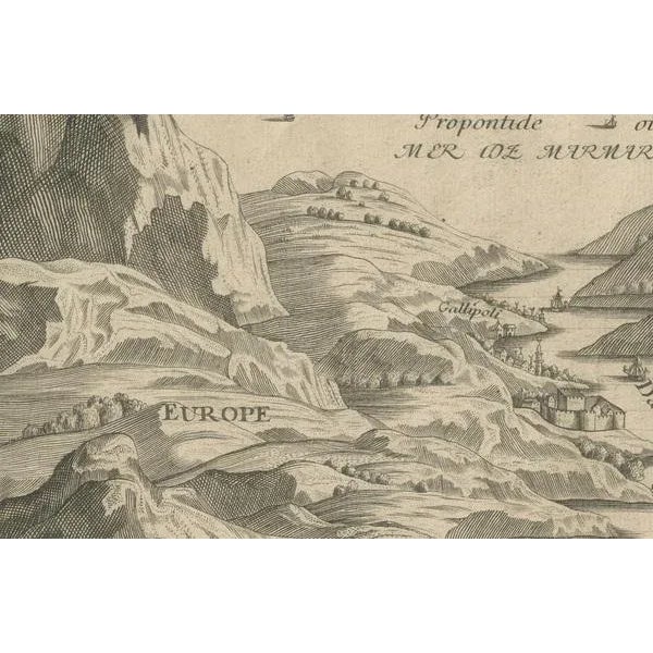 Nicholas de Fer, Dardanelles Strait with a Perspective of the City of Constantinople, 1693, Print For Sale - Image 3 of 7