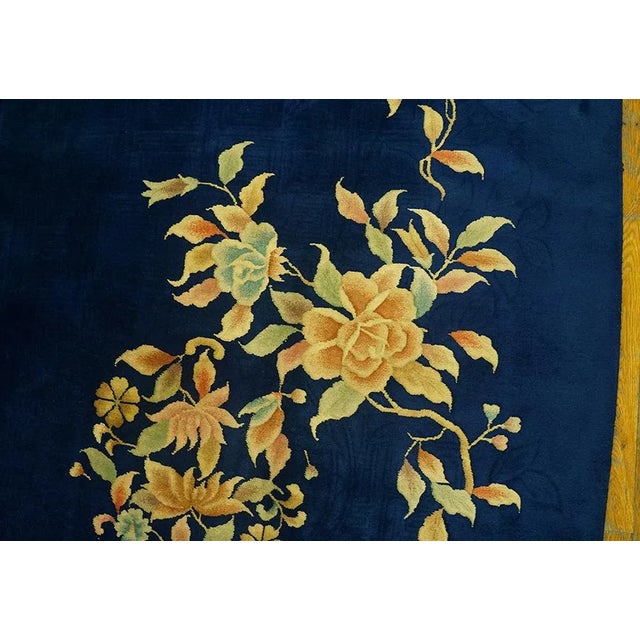 1920s Navy Blue Open Field Floral Antique Chinese Art Deco Carpet 8'10" X 11'9" Knotted Wool Rug For Sale - Image 4 of 9