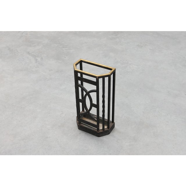 Art Deco Metal Umbrella Stand with Geometric Openwork and Brass Rim, Belgium, 1920s For Sale - Image 6 of 17