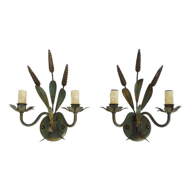 Vintage Wheat Sheaf Wall Sconces in Gold and Green Metal, 1980s, Set of 2 For Sale
