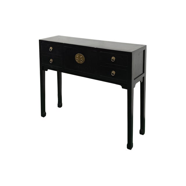 Asian 37" Black 4 Drawers Moon Face Slim Narrow Foyer Console Side Table For Sale - Image 3 of 12