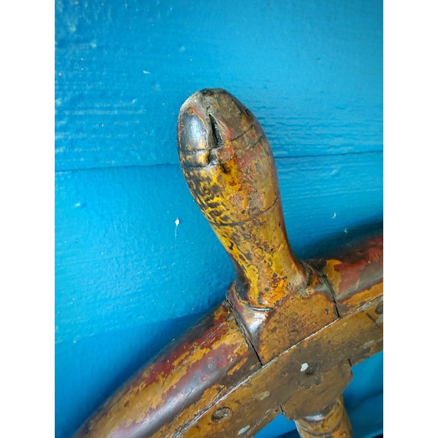 Coffee Large Vintage Wooden Ship Wheel 38.5” Nautical Helm W/ Patina For Sale - Image 8 of 12