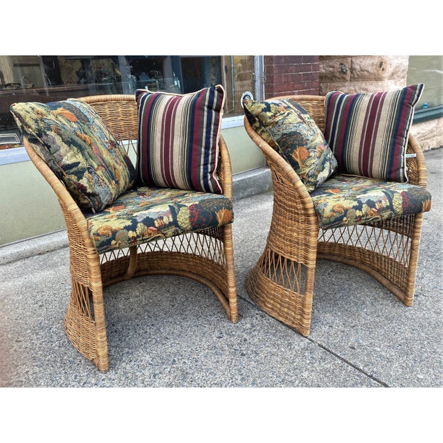 Natural Wicker Mid Century Chairs With Fishing Upholstery & Pillows a